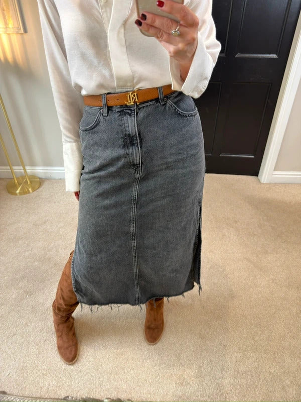 Topshop Washed Black Distressed Split Midi Skirt 10