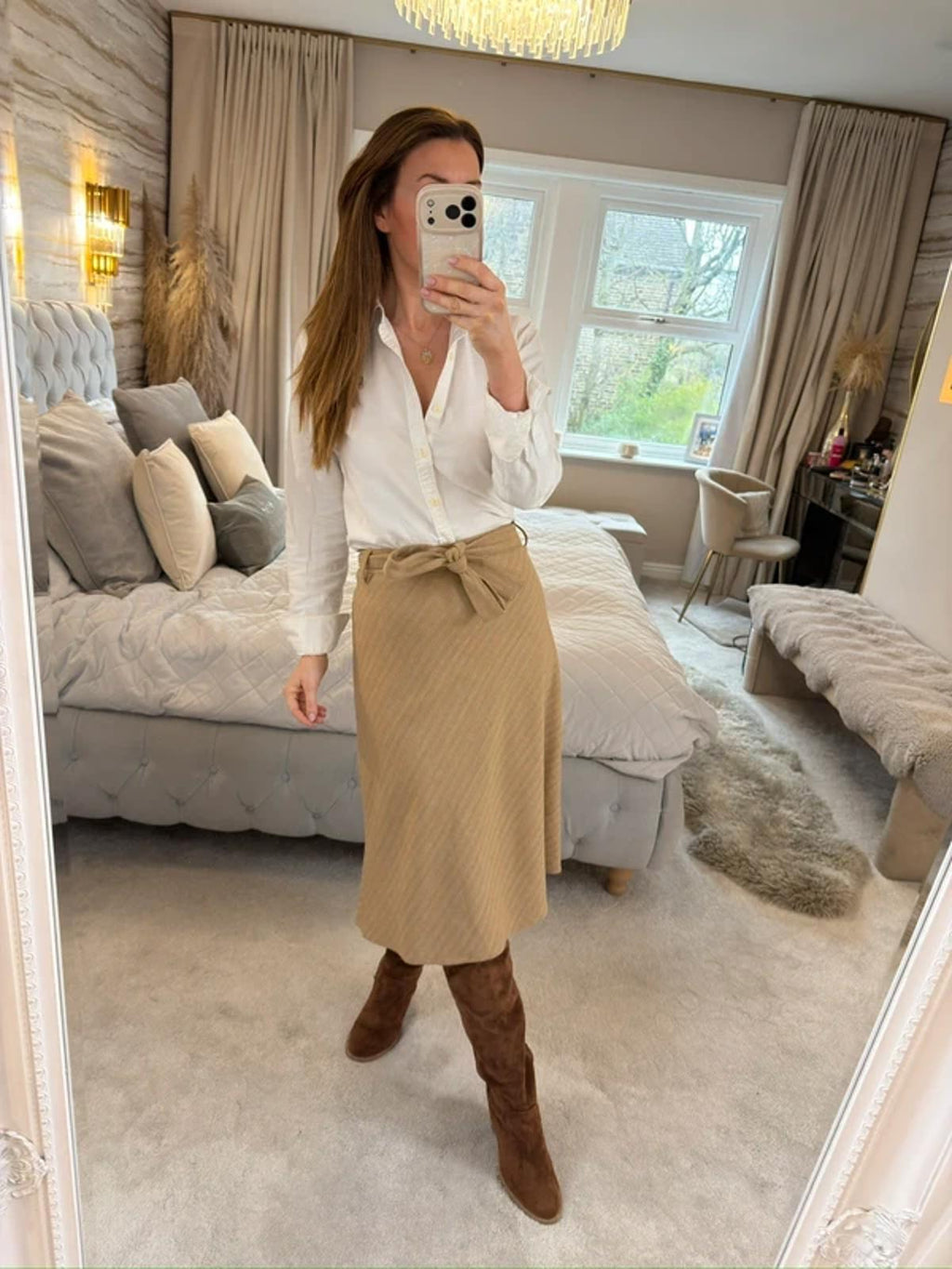 Vintage Hauber Beige Wool Blend Midi Skirt 14/16