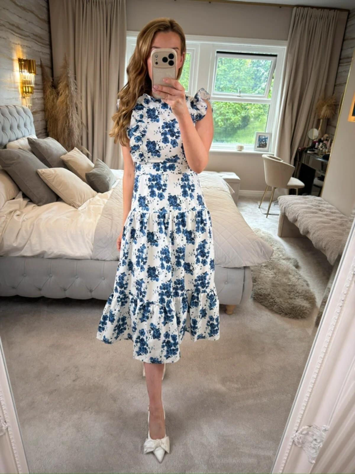 Anne Louise Boutique Gardenia White & Navy Floral Midi Dress 8