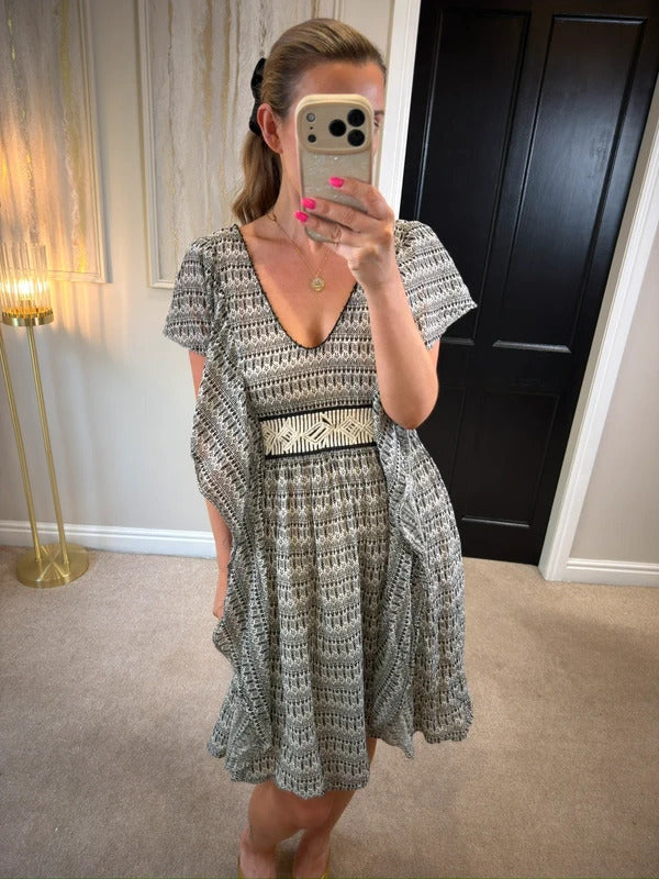 French Connection Cream & Black Boho Dress 12