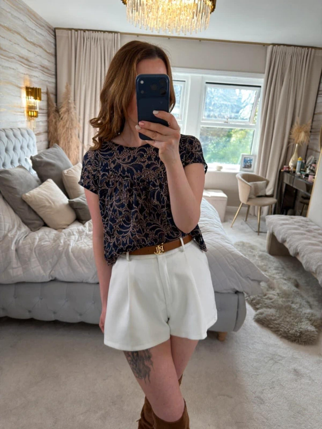 Zara Navy Semi Sheer Lace Blouse Small