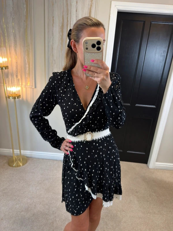 Nobody’s Child Black & White Polka Dot Frill Wrap Dress Size 8
