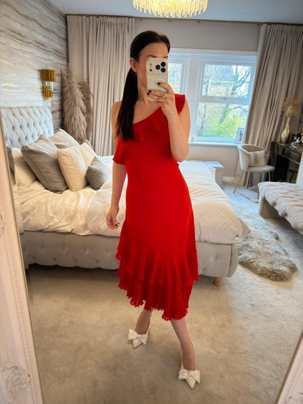 BNWT Mango Red Asymmetrical Frill Midi Dress Medium