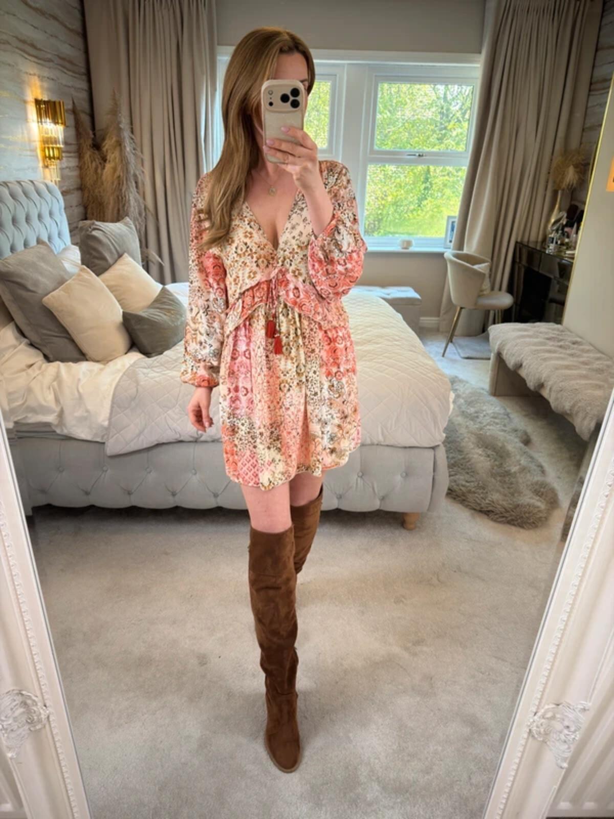 Zara Cream & Pink Boho Mini Dress Small
