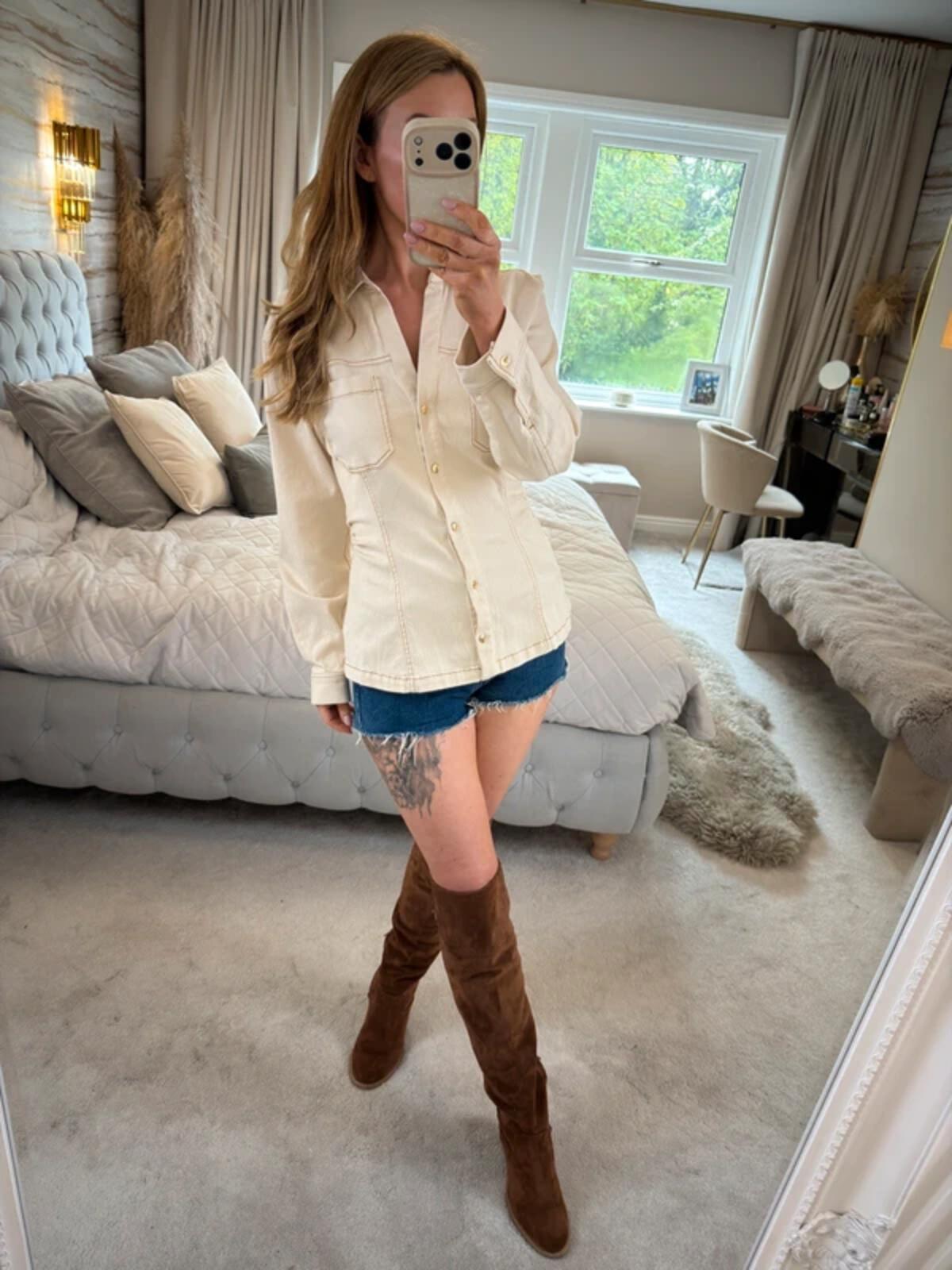 Zara Cream Denim Fitted Shirt Large