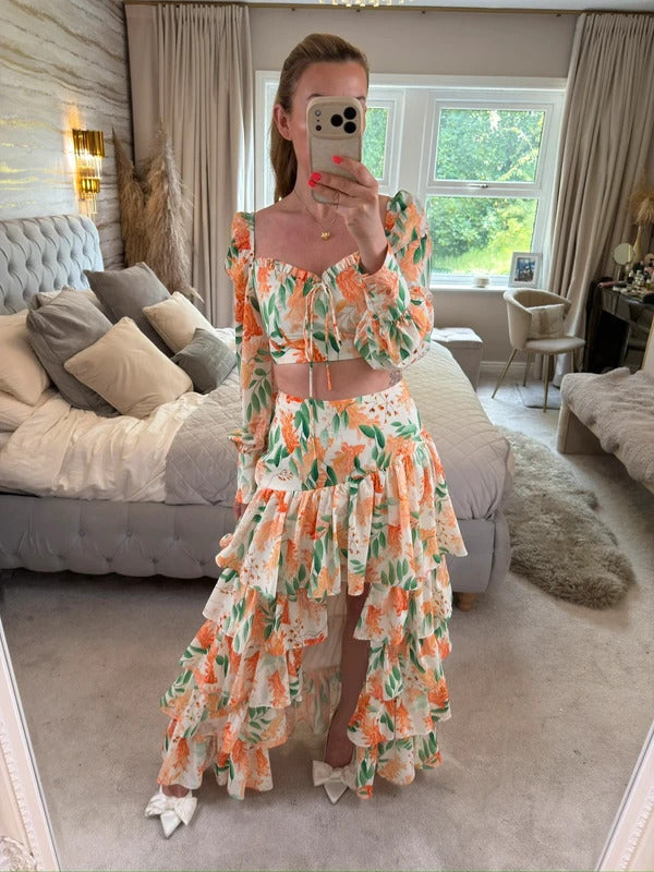Moocci White & Orange Floral Tiered Skirt Co Ord Small