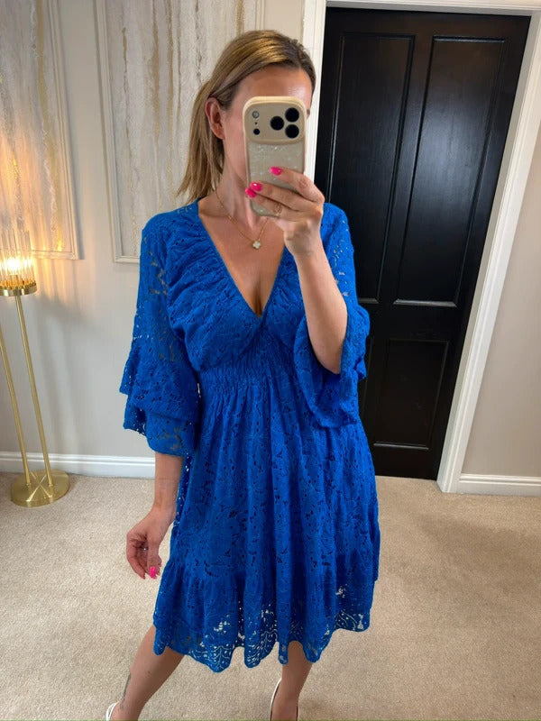 Boutique Cobalt Blue Lace Frill Dress One Size