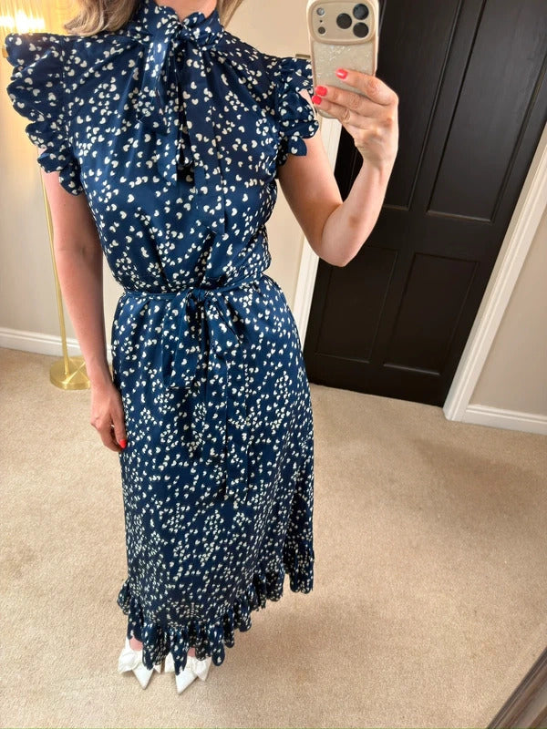 Anne Louise Boutique Navy & White Heart Frill Midi Dress 10