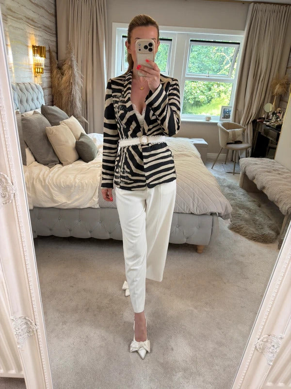 Zara Black & Cream Animal Print Blazer Small