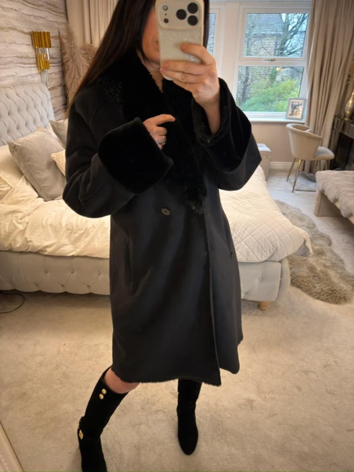 Jigsaw Black Faux Fur Coat Medium