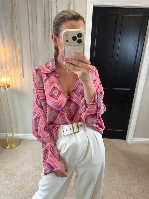 BNWT Gold & Silver Paris Pink Satin Oversized Blouse One Size