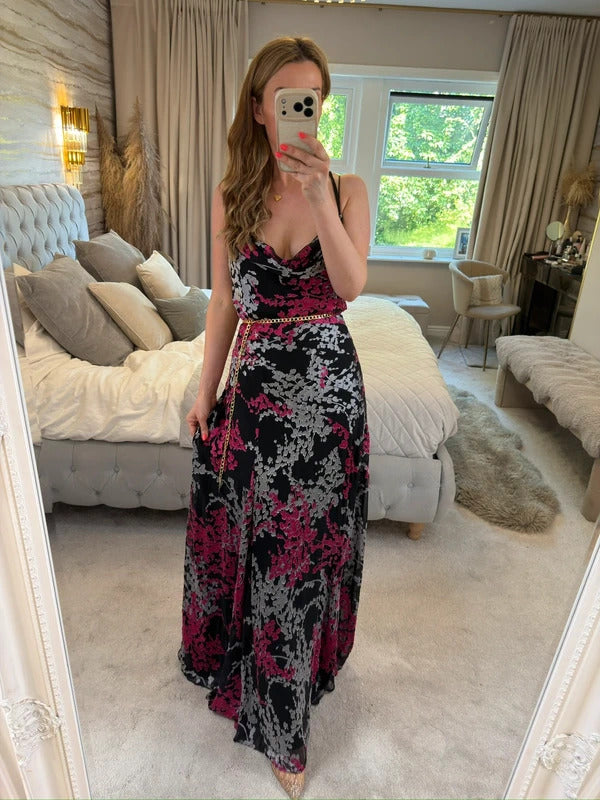Monsoon Vintage 90s Black Floral Cowl Maxi Dress 14