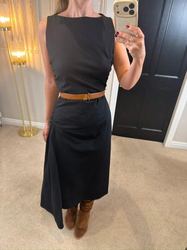 Cos Black Asymmetrical Ruched Dress Medium
