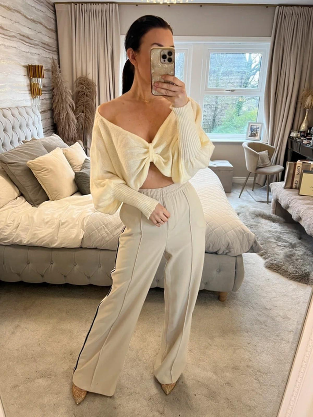 Cream Knot Front Knitted Top Large