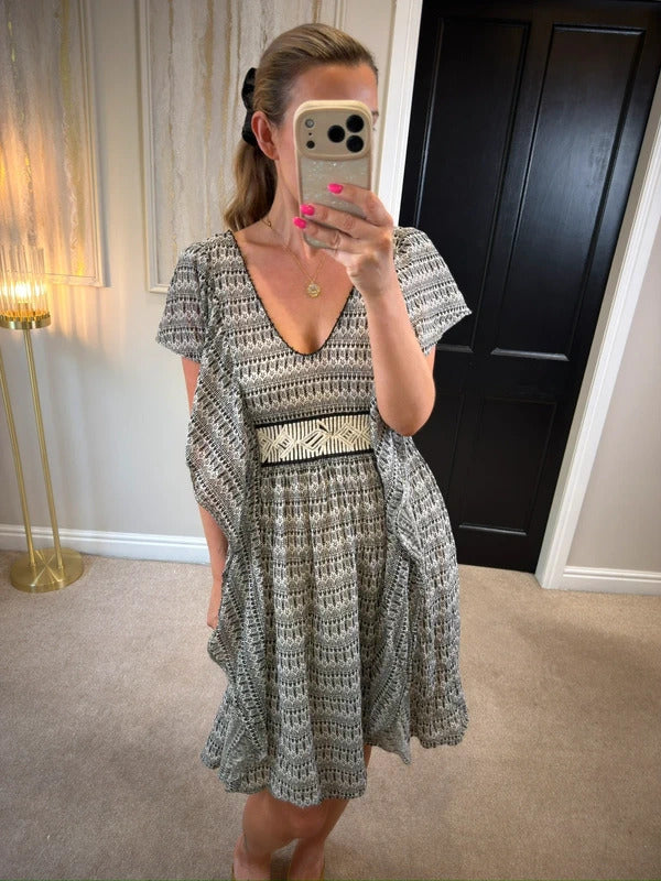 French Connection Cream & Black Boho Dress 12