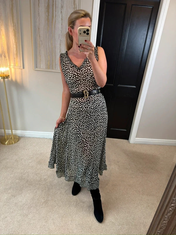 Black & White Spotty Sheer Belted Dress Medium