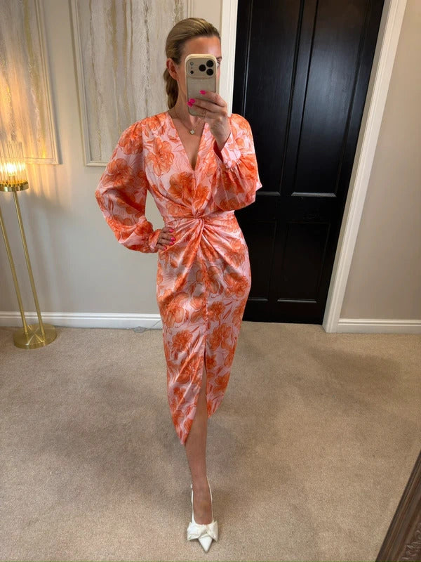 River Island Pink Floral Satin Knot Midi Dress 12