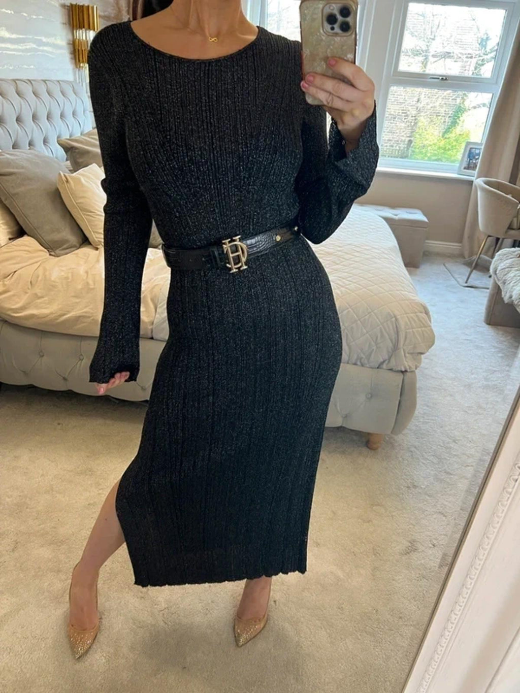 Next Black Sparkle Knit Midi Dress Large