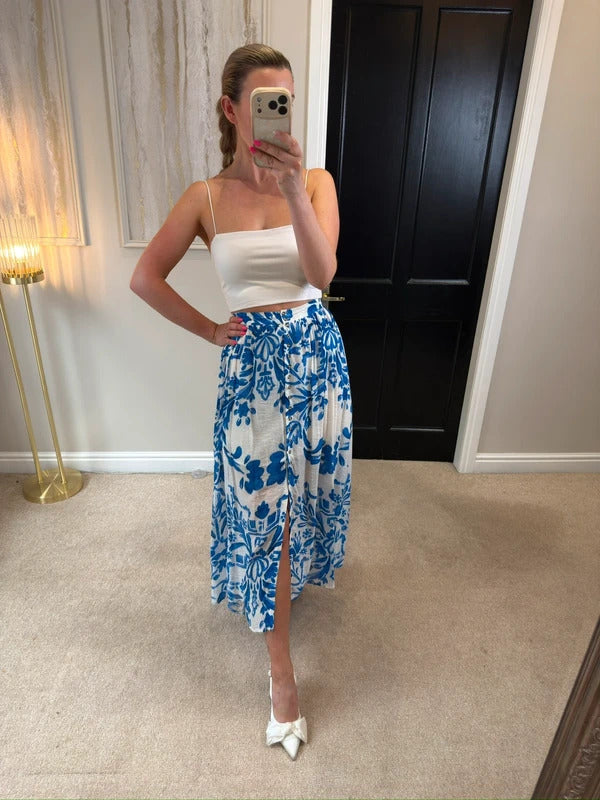H&M Blue & White Floral Midi Skirt XS