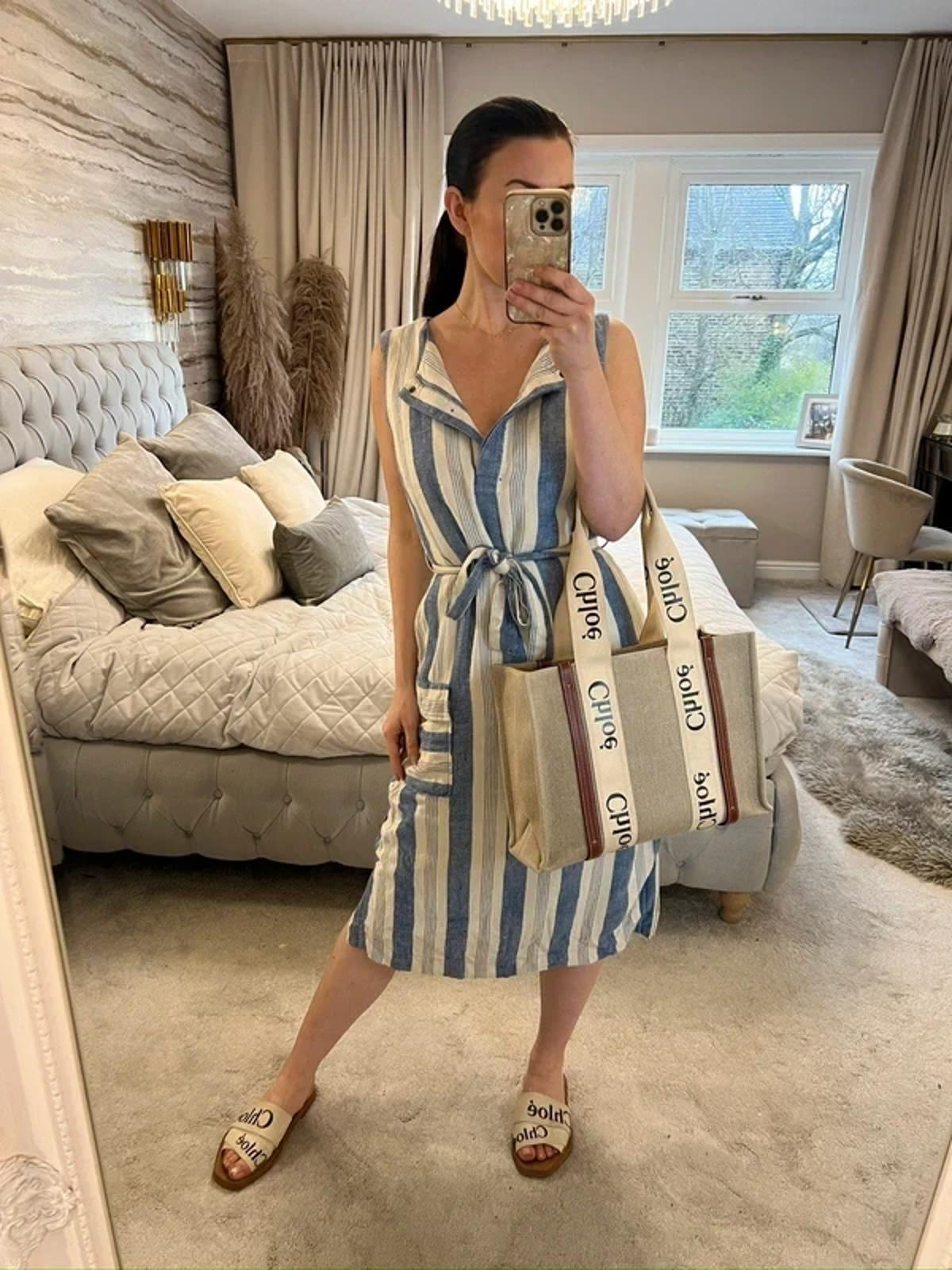 Cream & Blue Stripe Belted Midi Dress 12