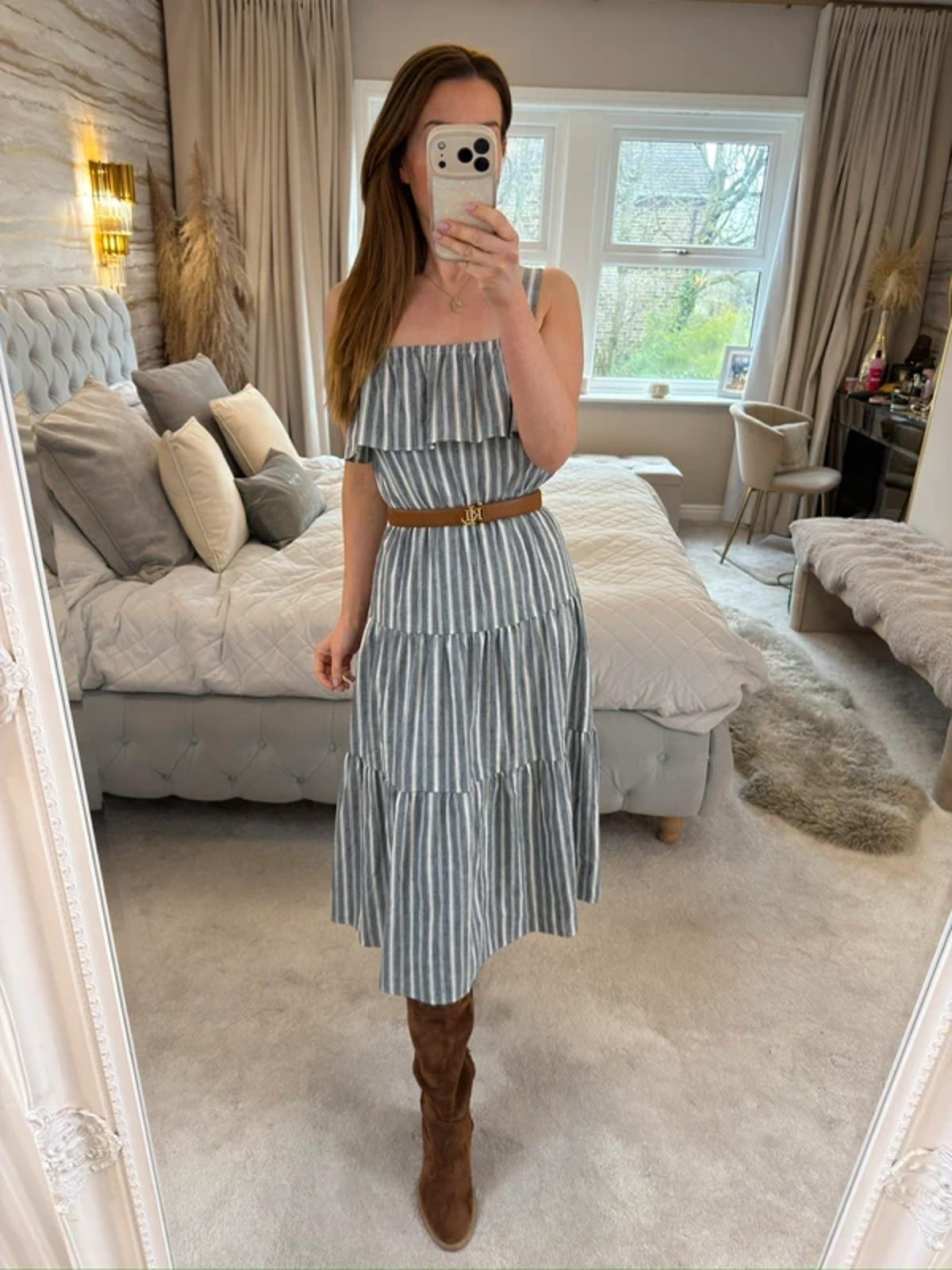 Michael Kors Stripe Tiered Linen Mix Midi Dress XS