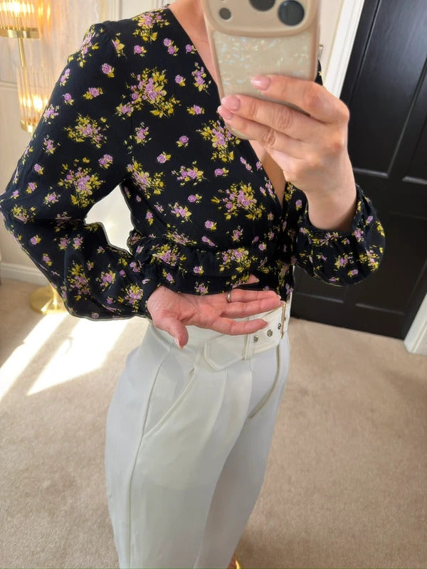 Zara Black Floral Print Frill Blouse XS