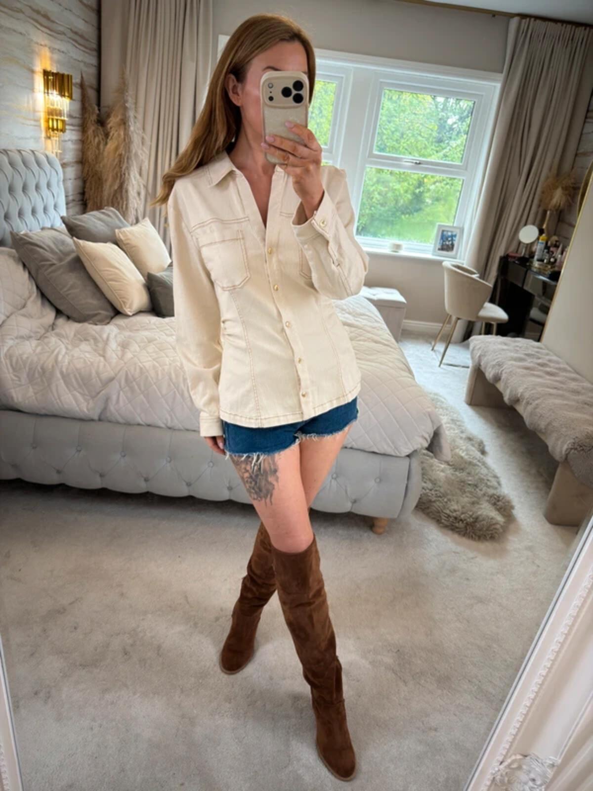 Zara Cream Denim Fitted Shirt Large