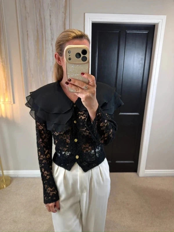 Vintage Linea G Black Lace Frill Blouse 8