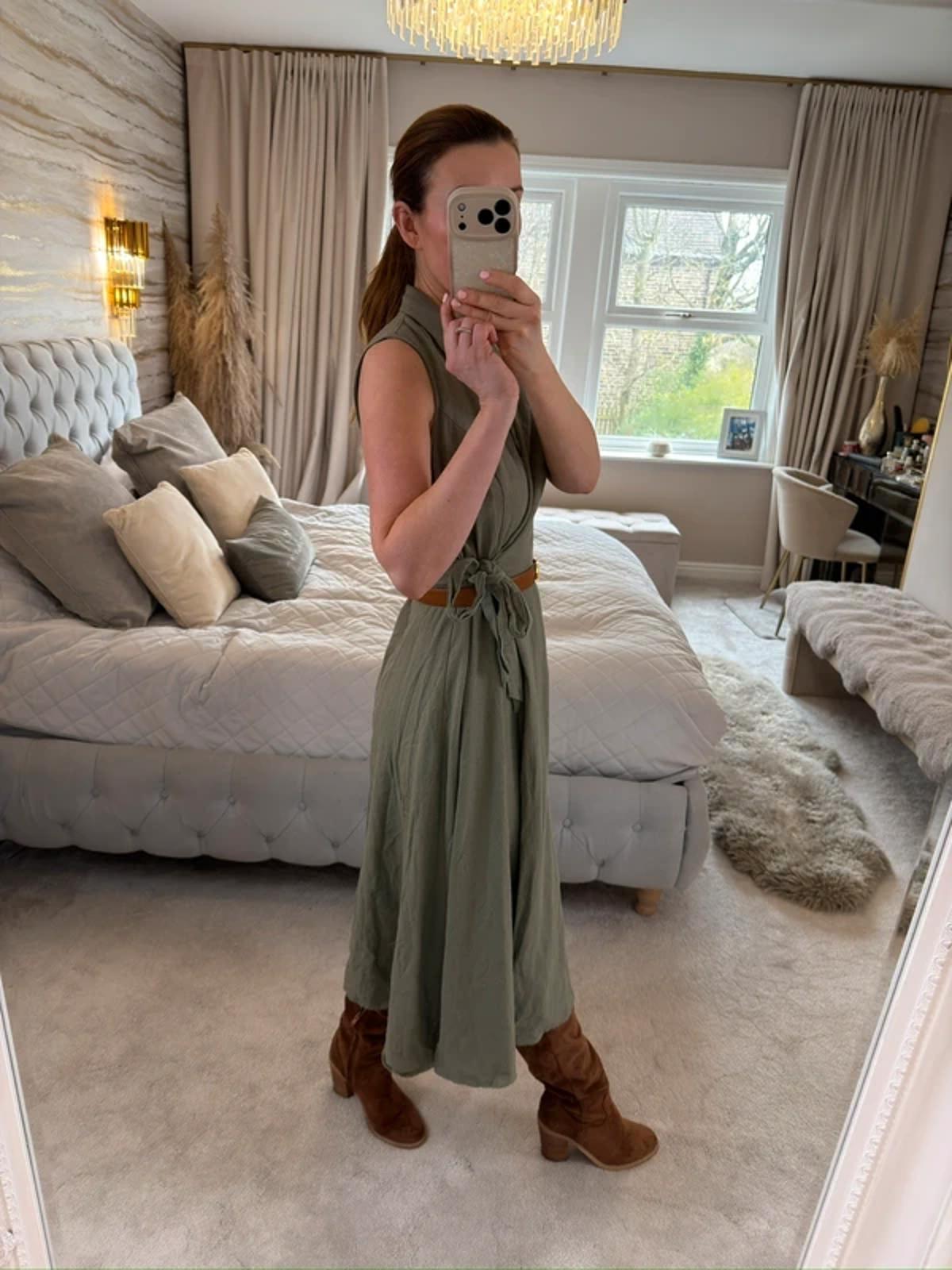DKNY Khaki Linen Blend Wrap Dress 8