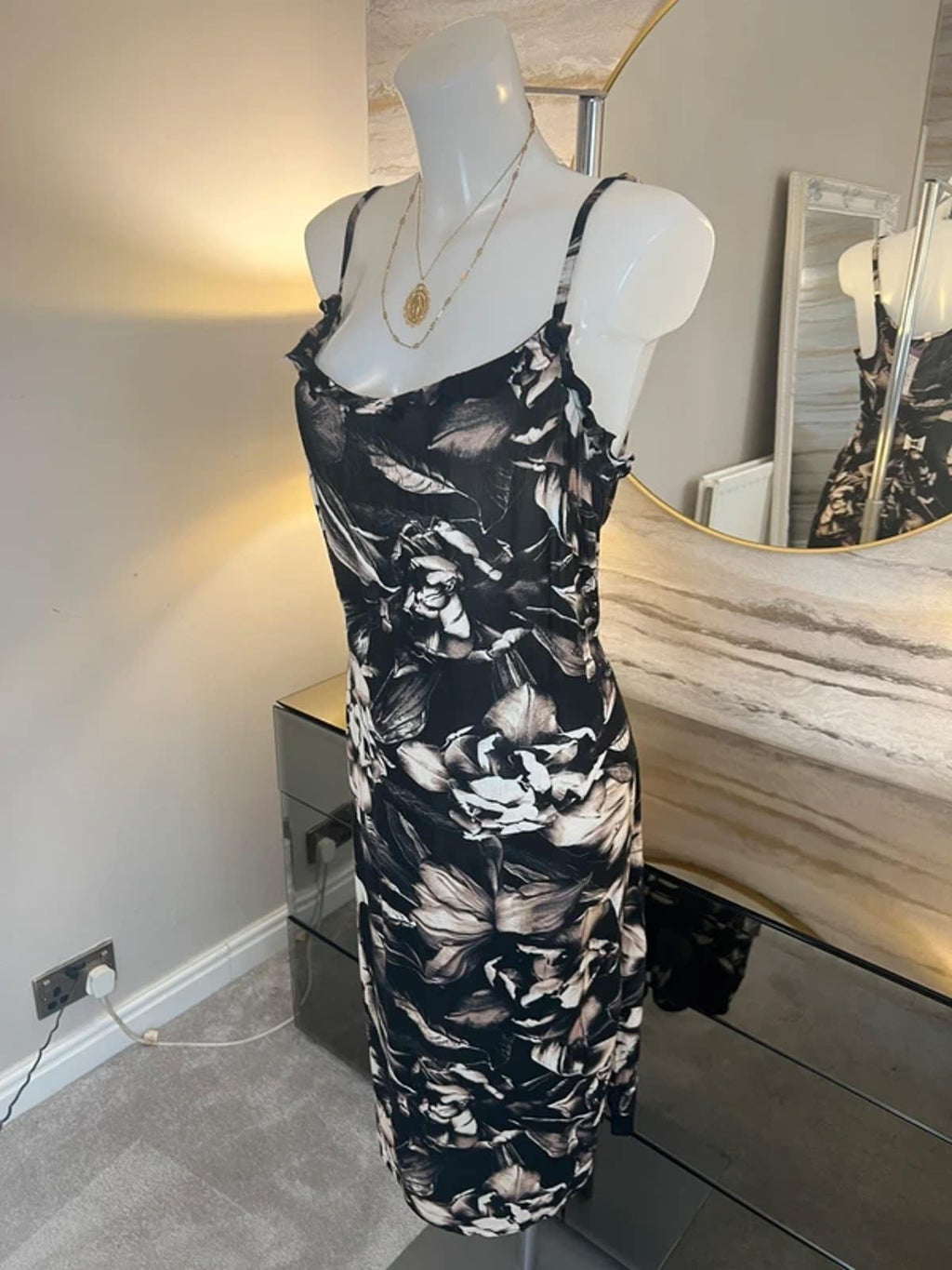 Next Black & Beige Floral Frill Midi Dress / Beach Dress 12