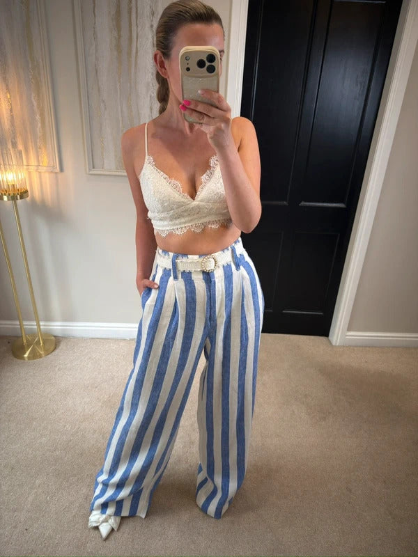 BNWT Boden Blue & White Stripe Wide Leg Linen Trousers 10R