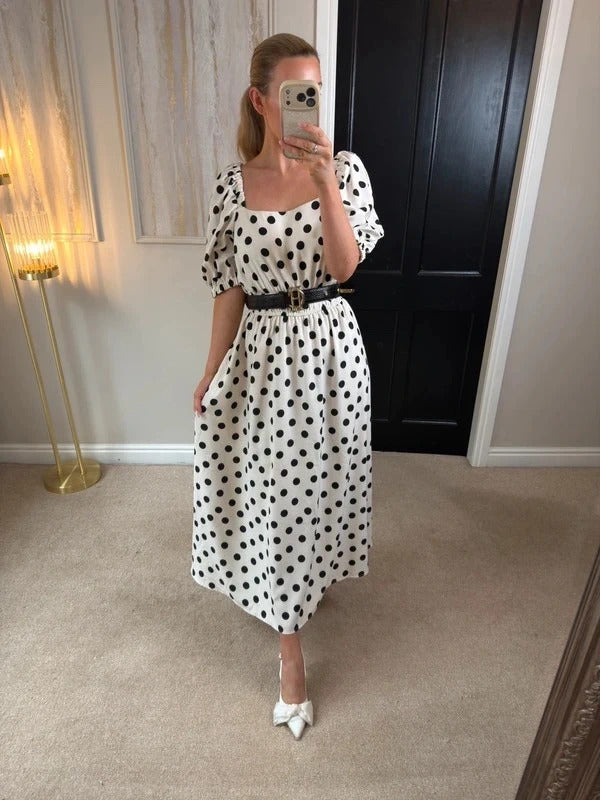 Flounce London Off White & Black Polka Dot Midi Dress 14
