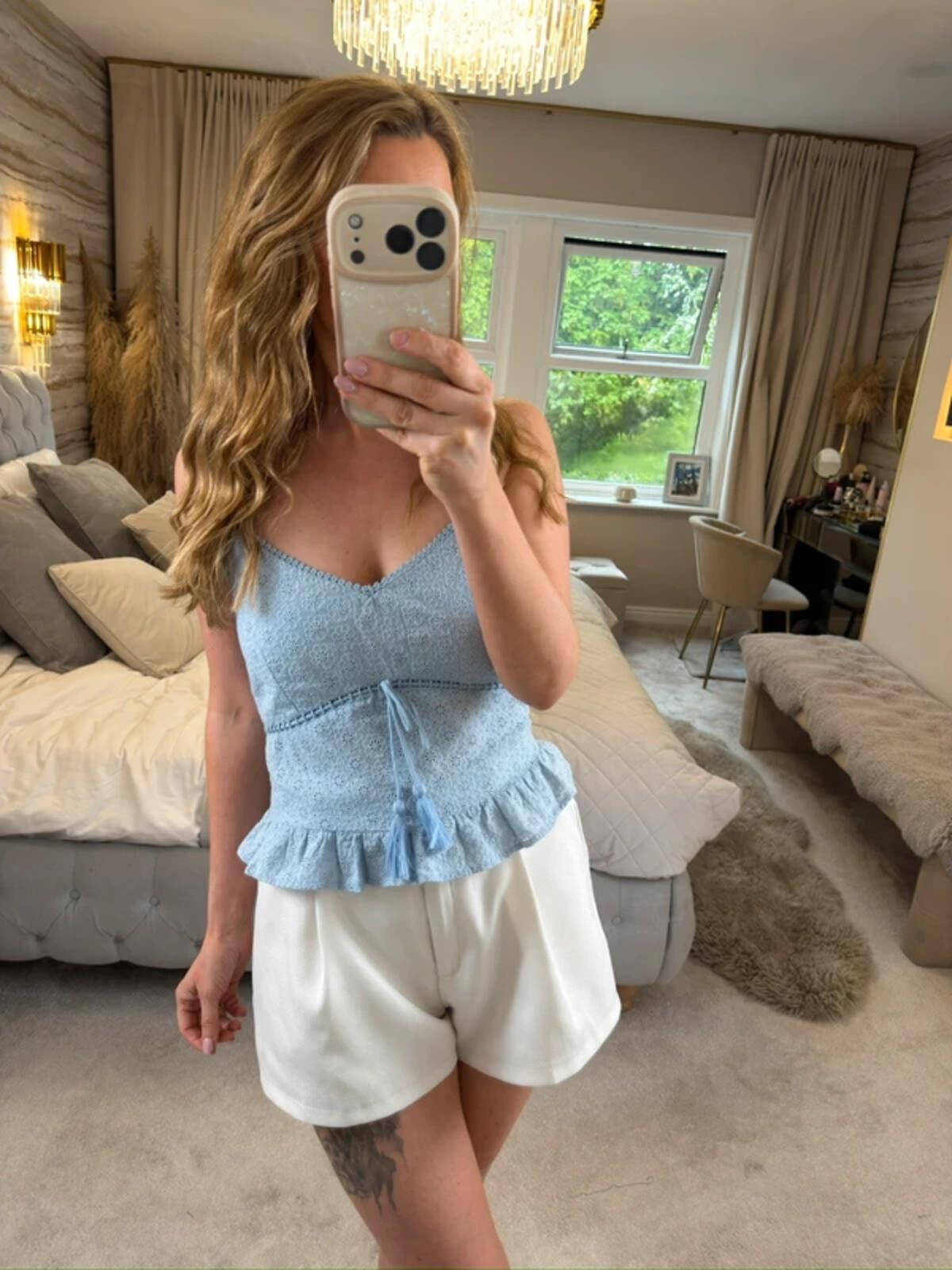 River Island Light Blue Broderie Anglaise Tassel Blouse 14