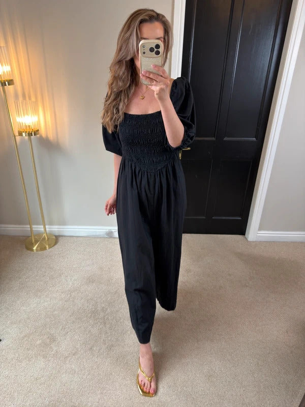 ASOS Navy Cotton & Linen Blend Wide Leg Cropped Jumpsuit 14/16