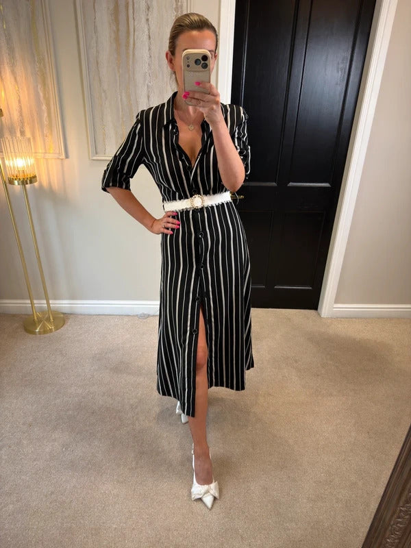Riani Black & White Striped Shirt Dress Short Sleeve Size 10