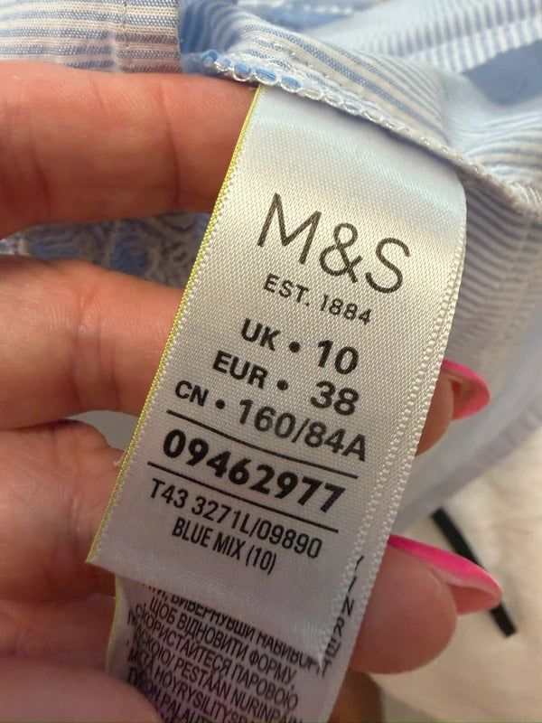 M&S Limited Edition Blue & White Striped Frill Blouse Size 10