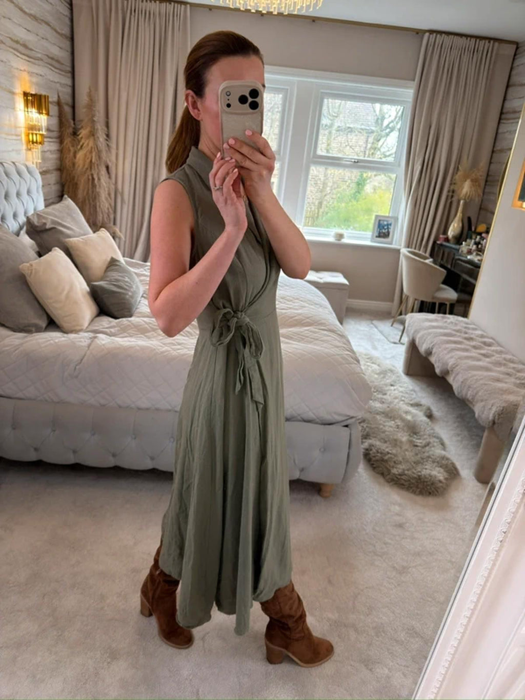 DKNY Khaki Linen Blend Wrap Dress 8