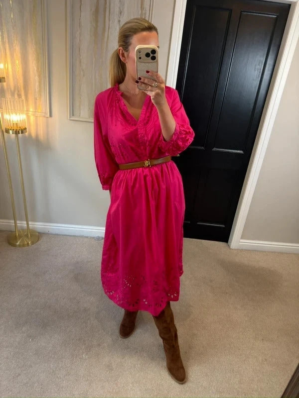 M&S Pink Broderie Anglaise Midi Dress 14