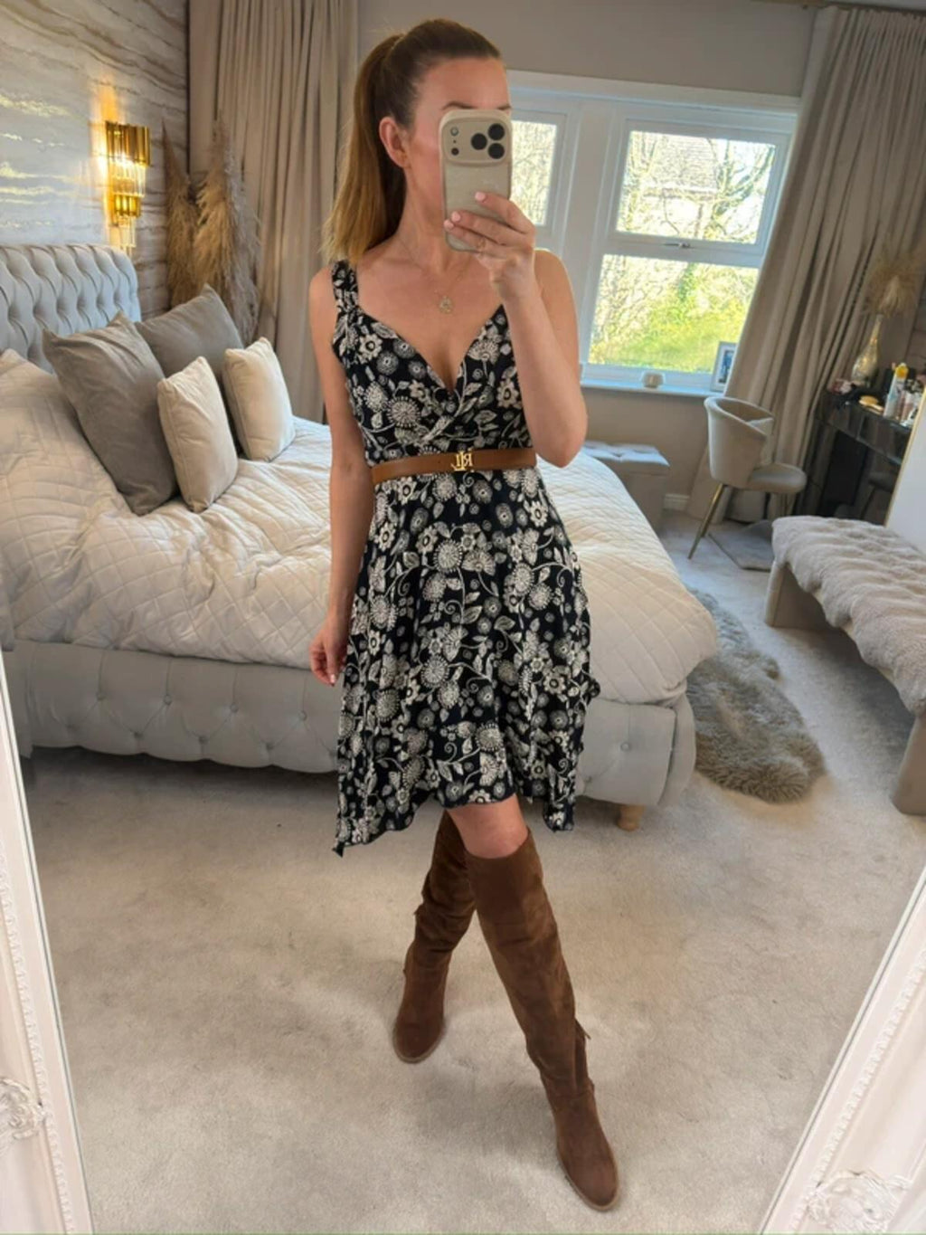 Apricot Navy Floral Asymmetrical Hem Dress 8