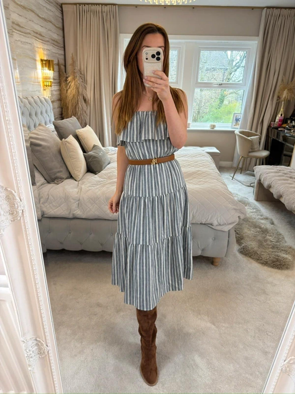 Michael Kors Stripe Tiered Linen Mix Midi Dress XS