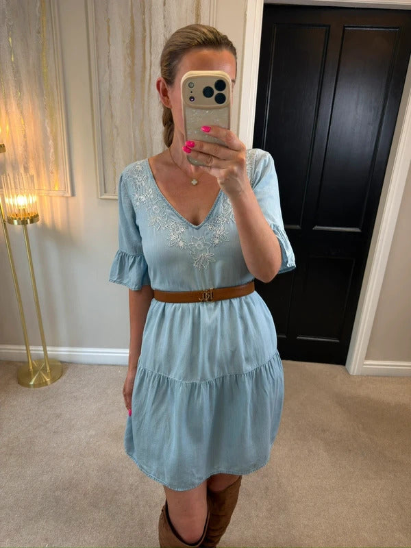 Accessorize XS Light Denim Embroidered Boho Mini Dress XS