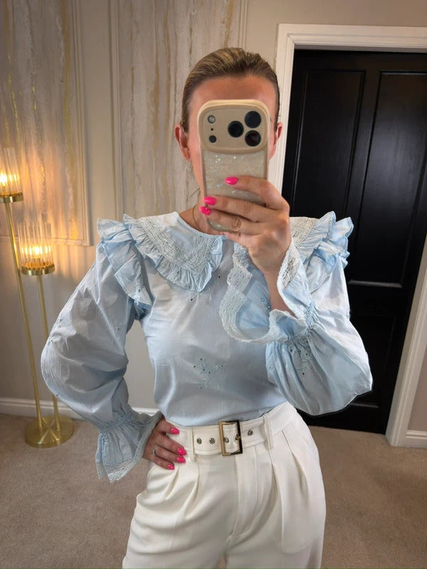 BNWT River Island Light Blue Frill Blouse Petite Size 10