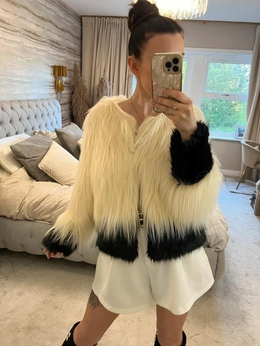 BNWT Unreal Fur Australia Cream & Black Faux Fur Coat Medium