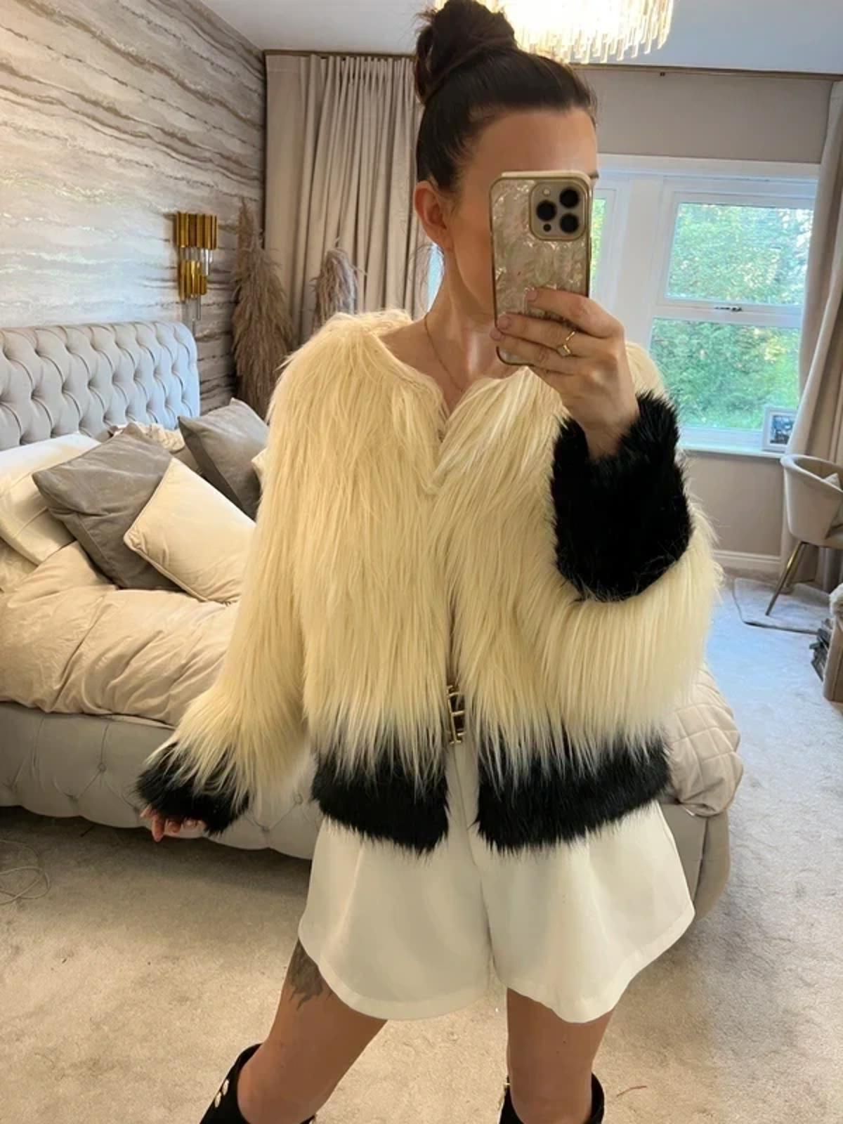 BNWT Unreal Fur Australia Cream & Black Faux Fur Coat Medium