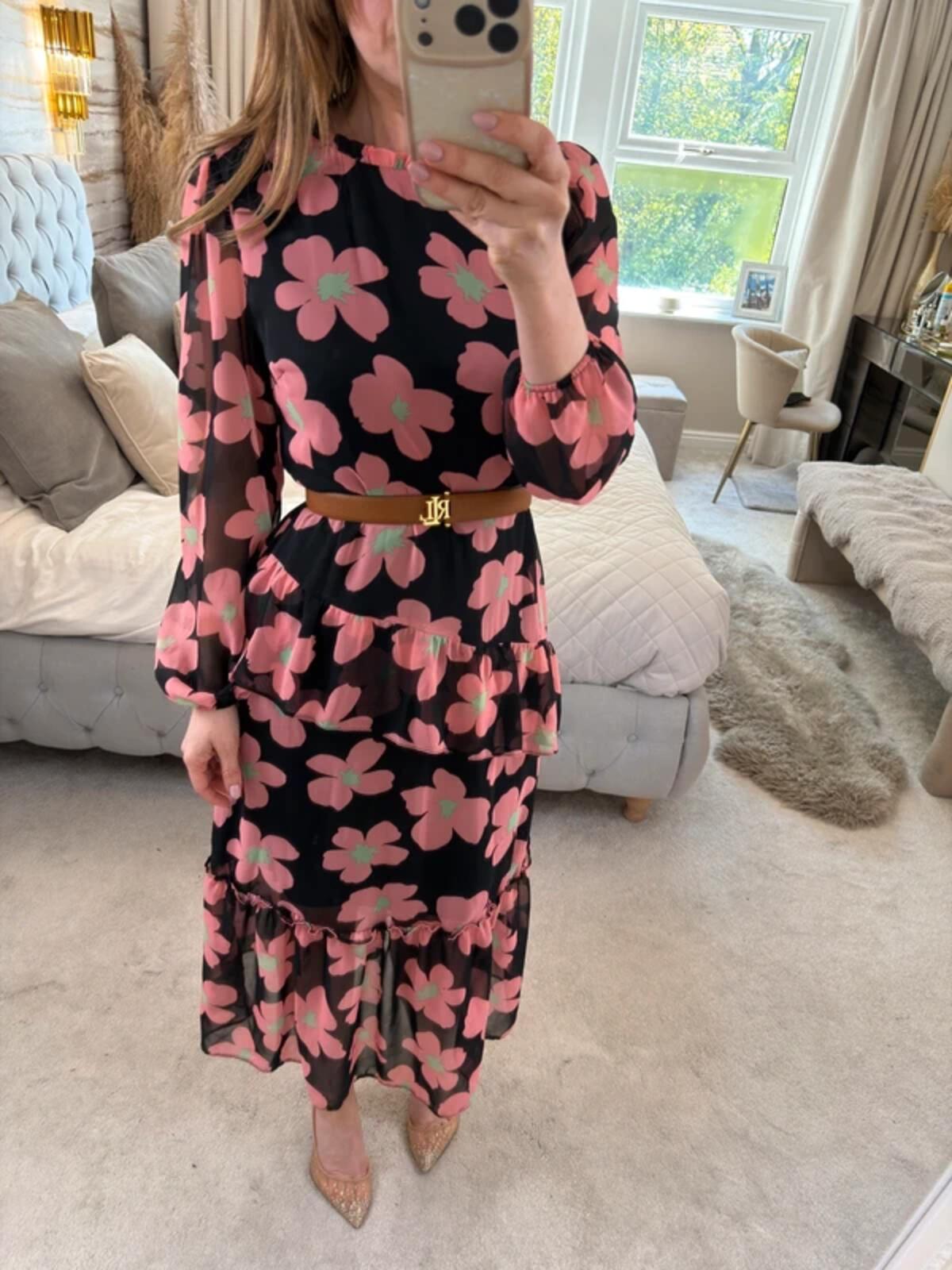 Miss Selfridge Black Floral Frill Tiered Midi Dress 10/12