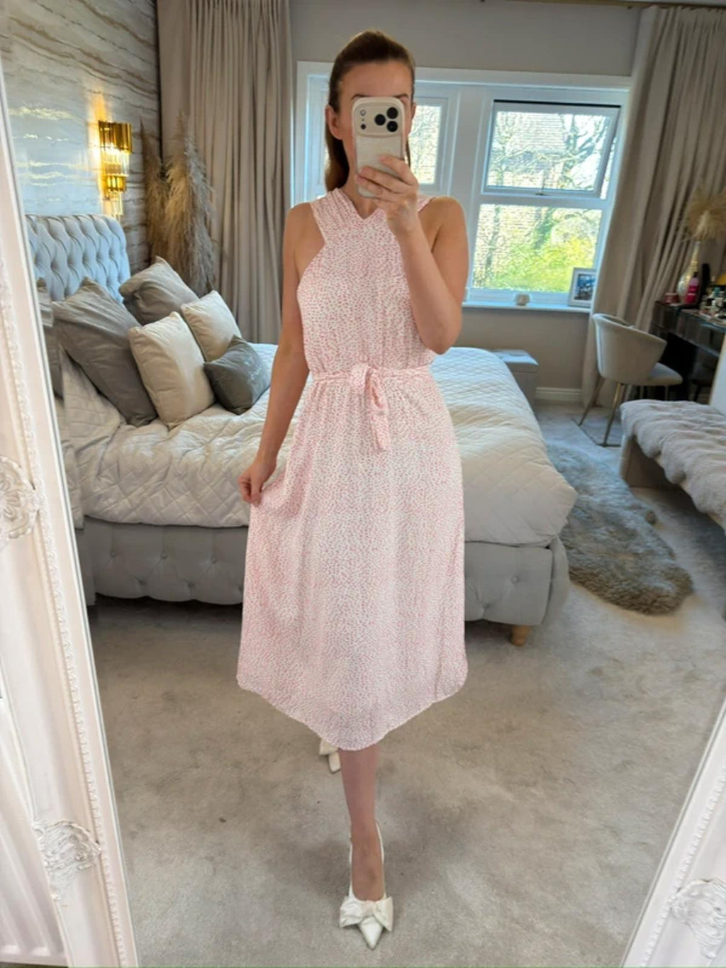 & Other Stories White & Red Belted Midi Dress 14