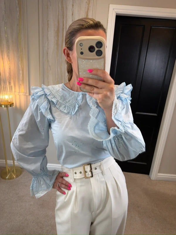 BNWT River Island Light Blue Frill Blouse Petite Size 10