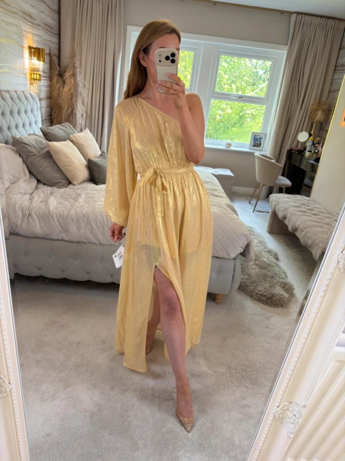 BNWT Sundress Gold Metallic One Shoulder Belted Dress Small