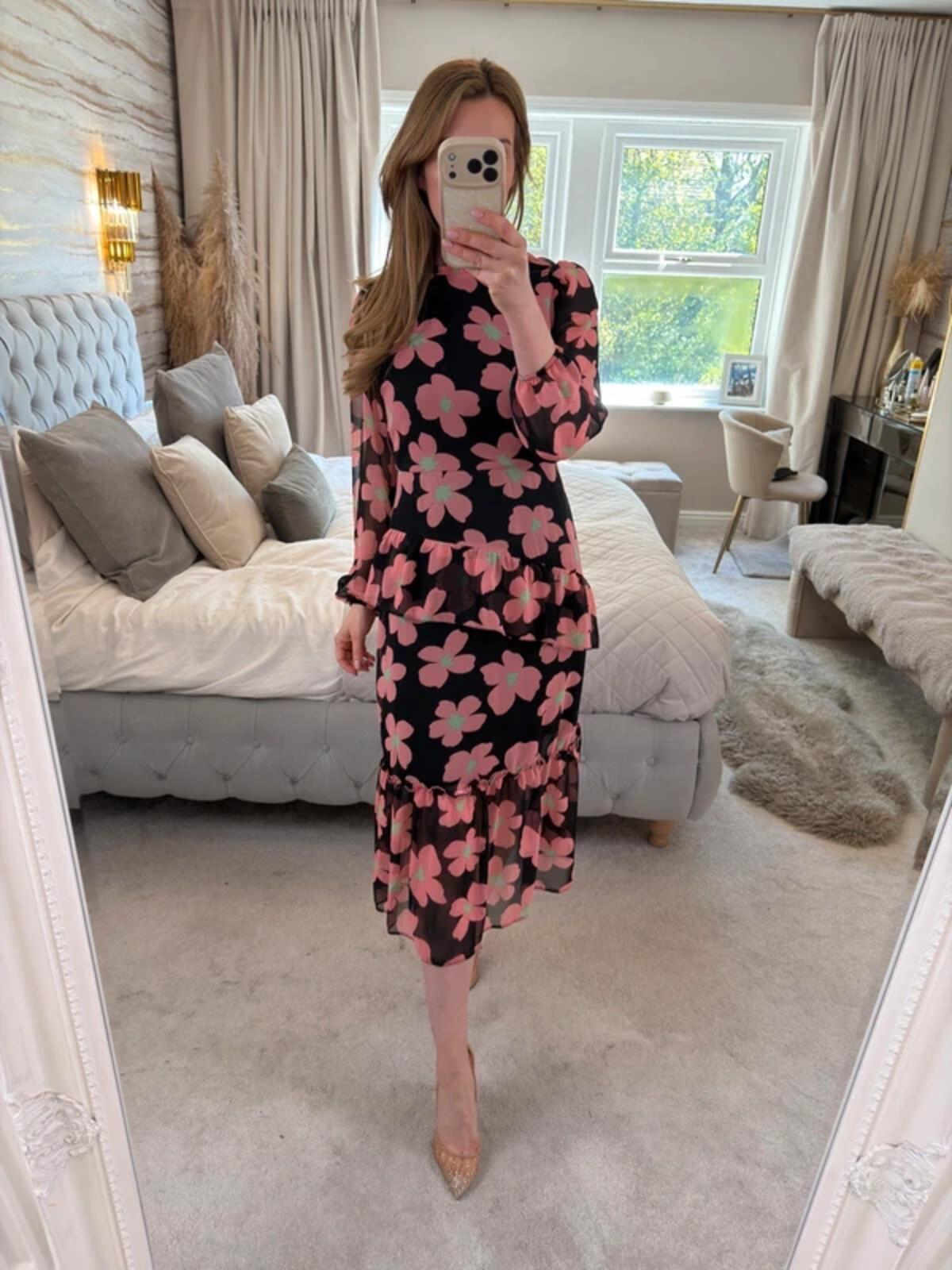 Miss Selfridge Black Floral Frill Tiered Midi Dress 10/12