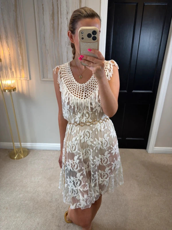 Boutique Ivory Sheer Lace Fringe Mini Dress One Size